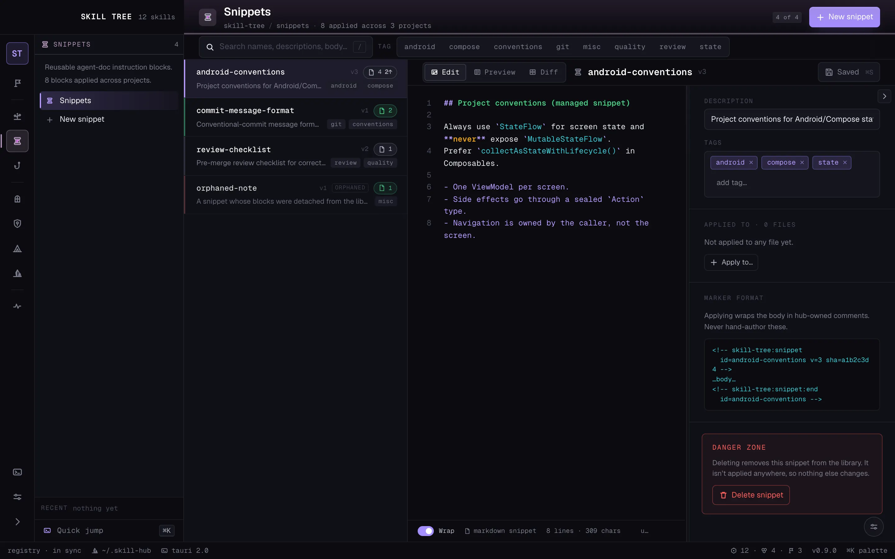 Snippets — reusable agent-doc blocks